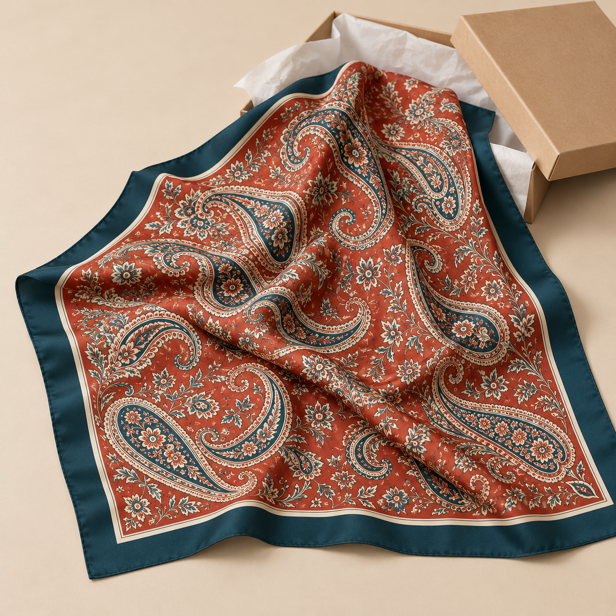 Terracotta paisley square scarf with unbranded kraft packaging