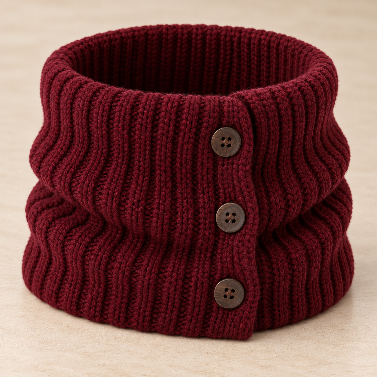 Rib-knit surface and finished edge on neutral tabletop โ burgundy cowl AI design visualization