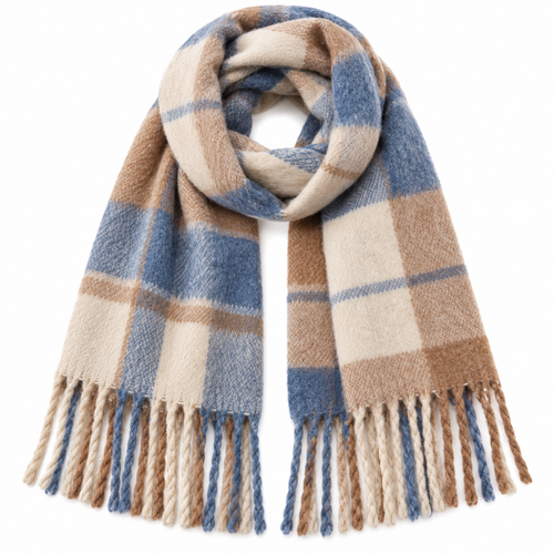 Blue camel cream fringed scarf photo 1