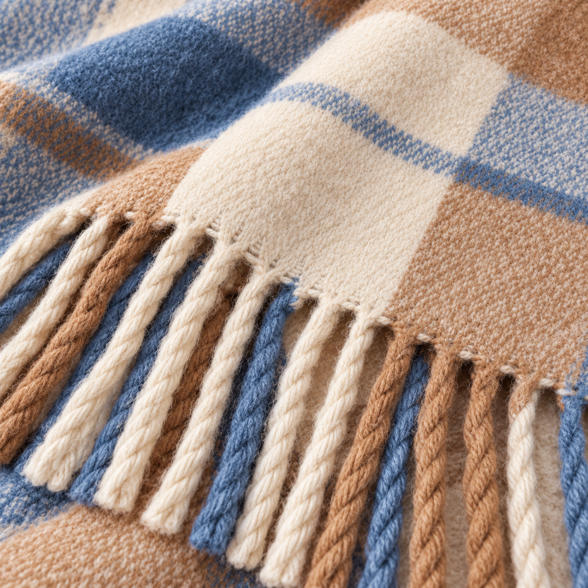 Blue camel cream fringed scarf photo 2