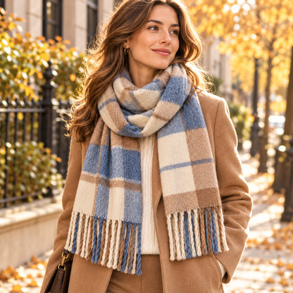 Blue camel cream fringed scarf photo 3