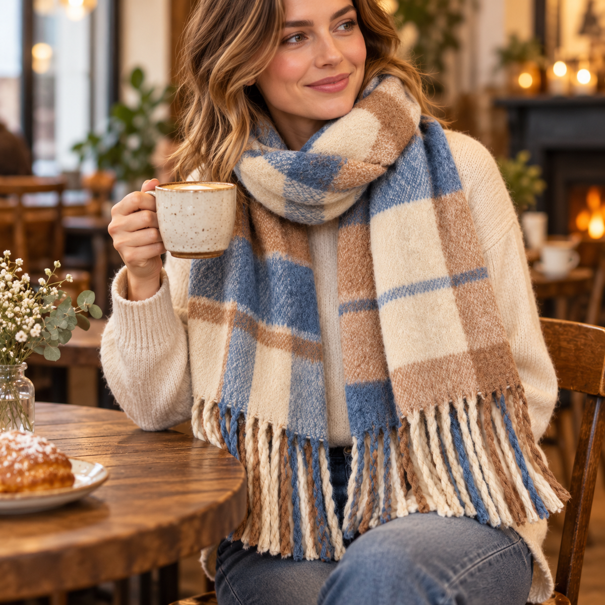 Blue camel cream fringed scarf photo 4