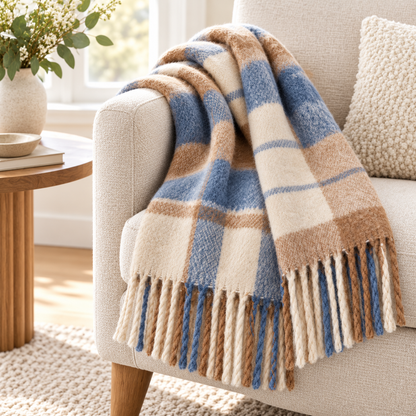 Blue camel cream fringed scarf photo 5