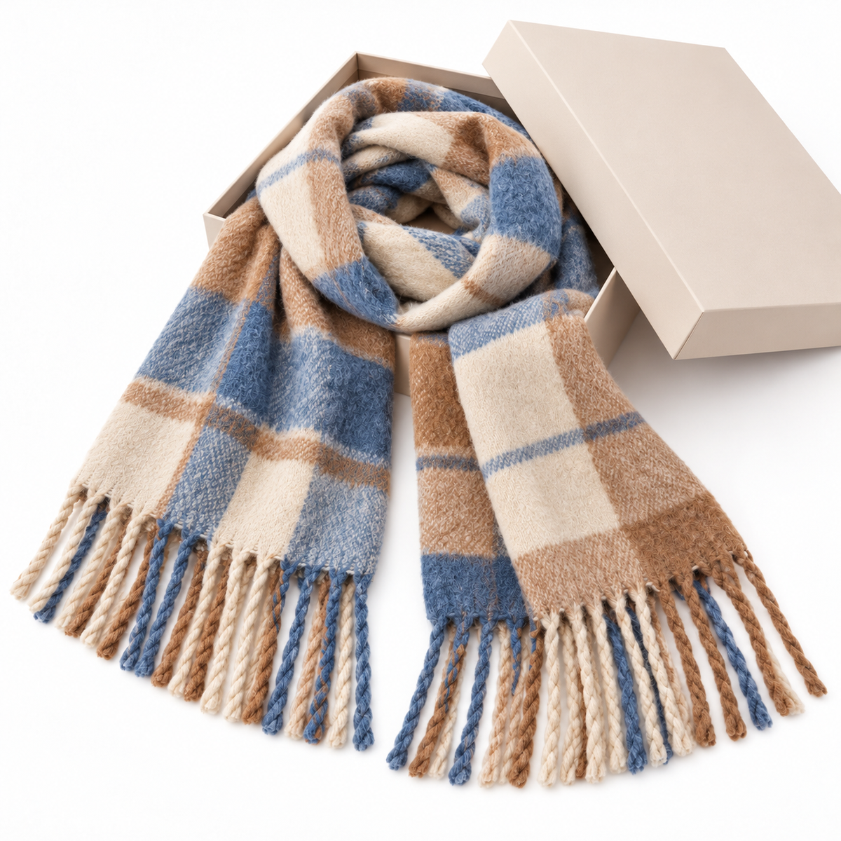 Blue camel cream fringed scarf photo 8
