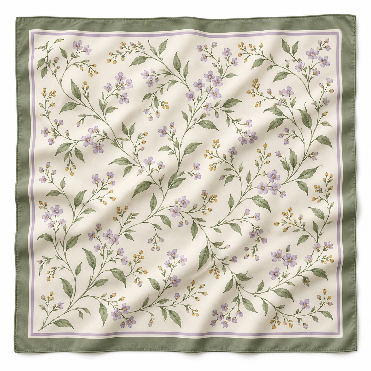 Ivory botanical square scarf with sage border and lavender flowers on white background