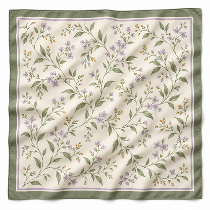 Ivory botanical square scarf with sage border and lavender flowers on white background