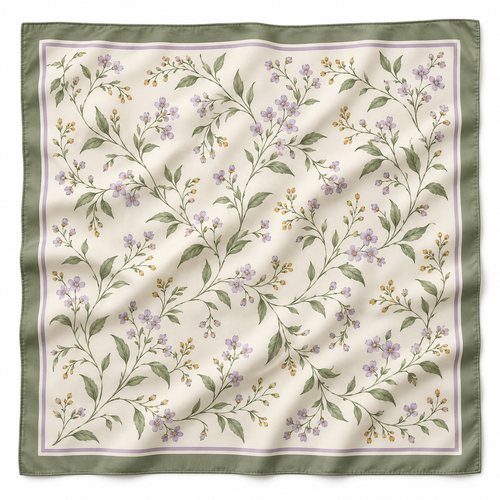 Ivory botanical square scarf with sage border and lavender flowers on white background