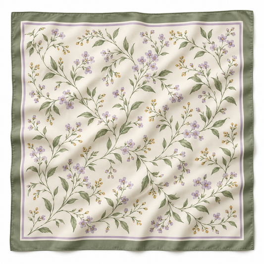 Ivory botanical square scarf with sage border and lavender flowers on white background