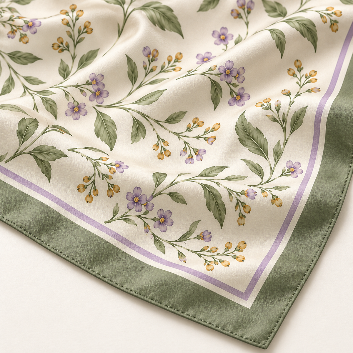 Close-up of botanical print, lavender stripe and stitched sage green hem