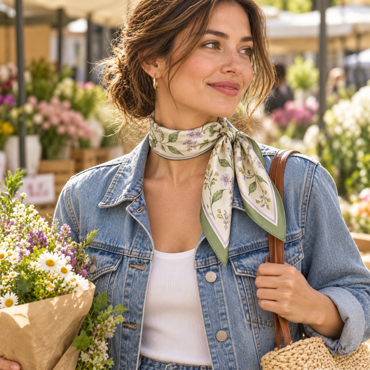Botanical scarf worn in a loose side knot with denim jacket at a flower market