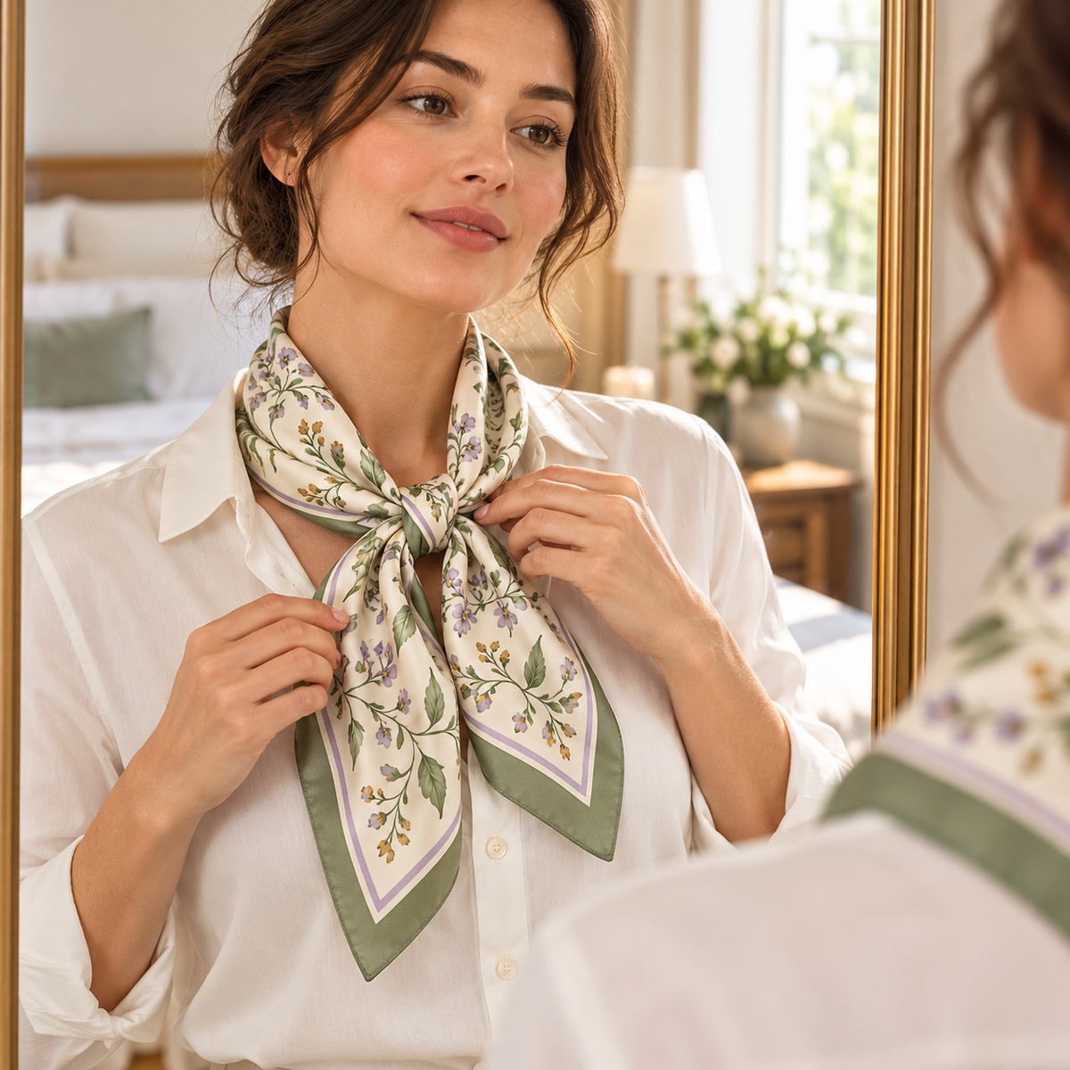Woman adjusting ivory botanical scarf at a bedroom mirror
