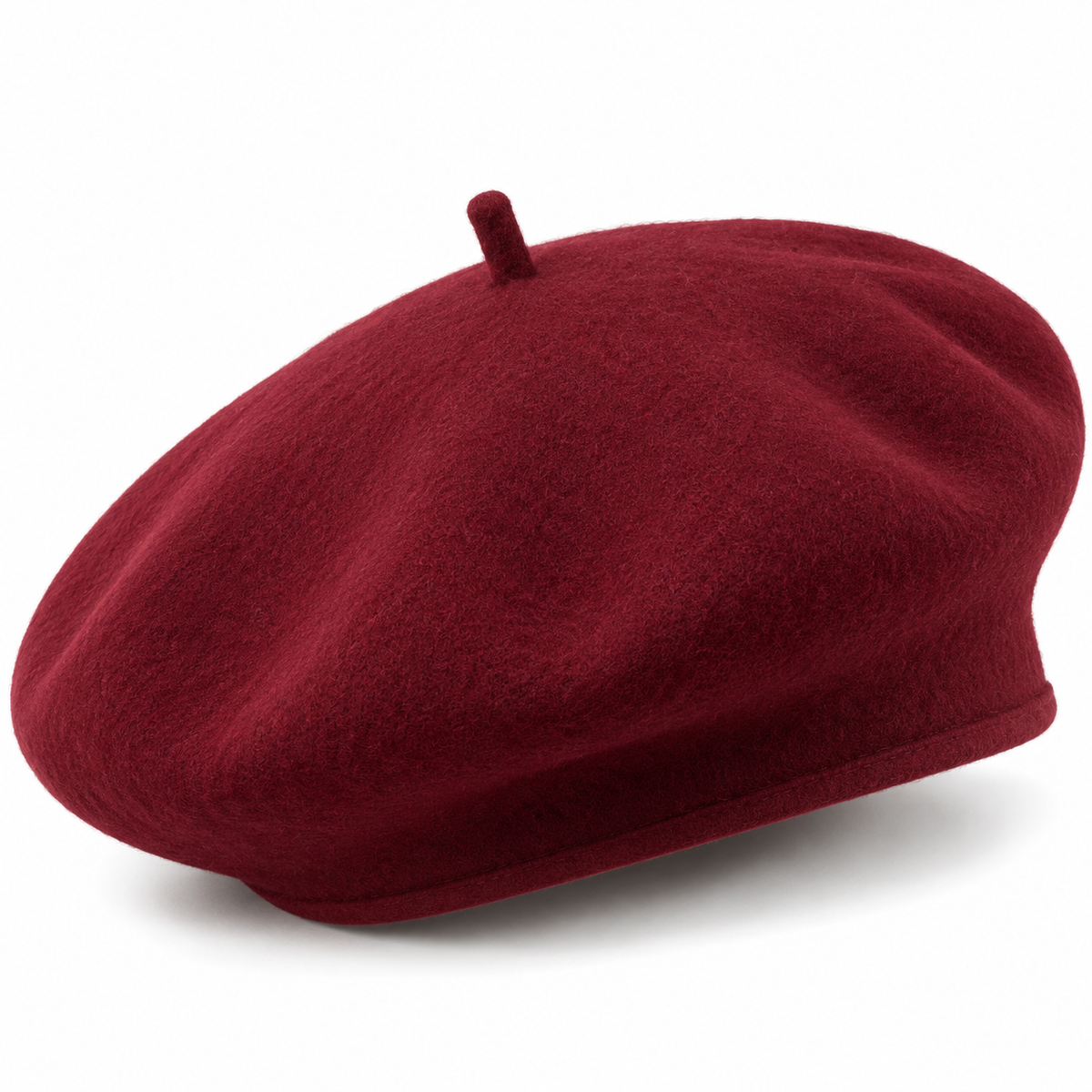 Burgundy beret with round crown and matching center stem on white background
