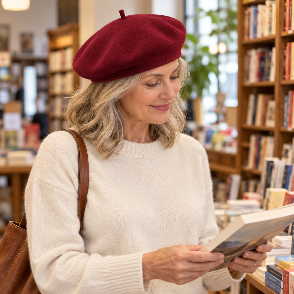 Burgundy beret worn with cream sweater at neighborhood bookstore
