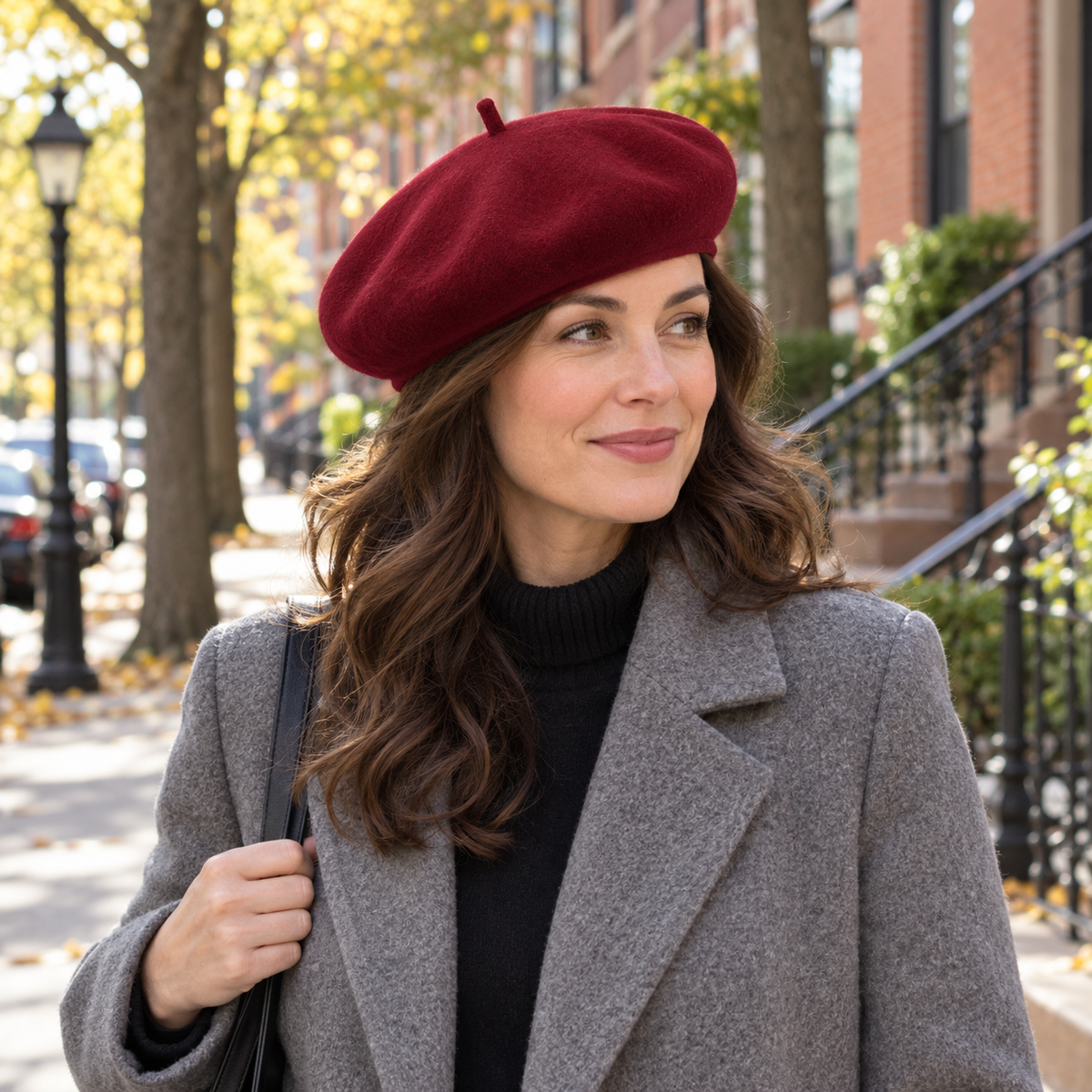 Burgundy beret paired with gray coat on an autumn city walk