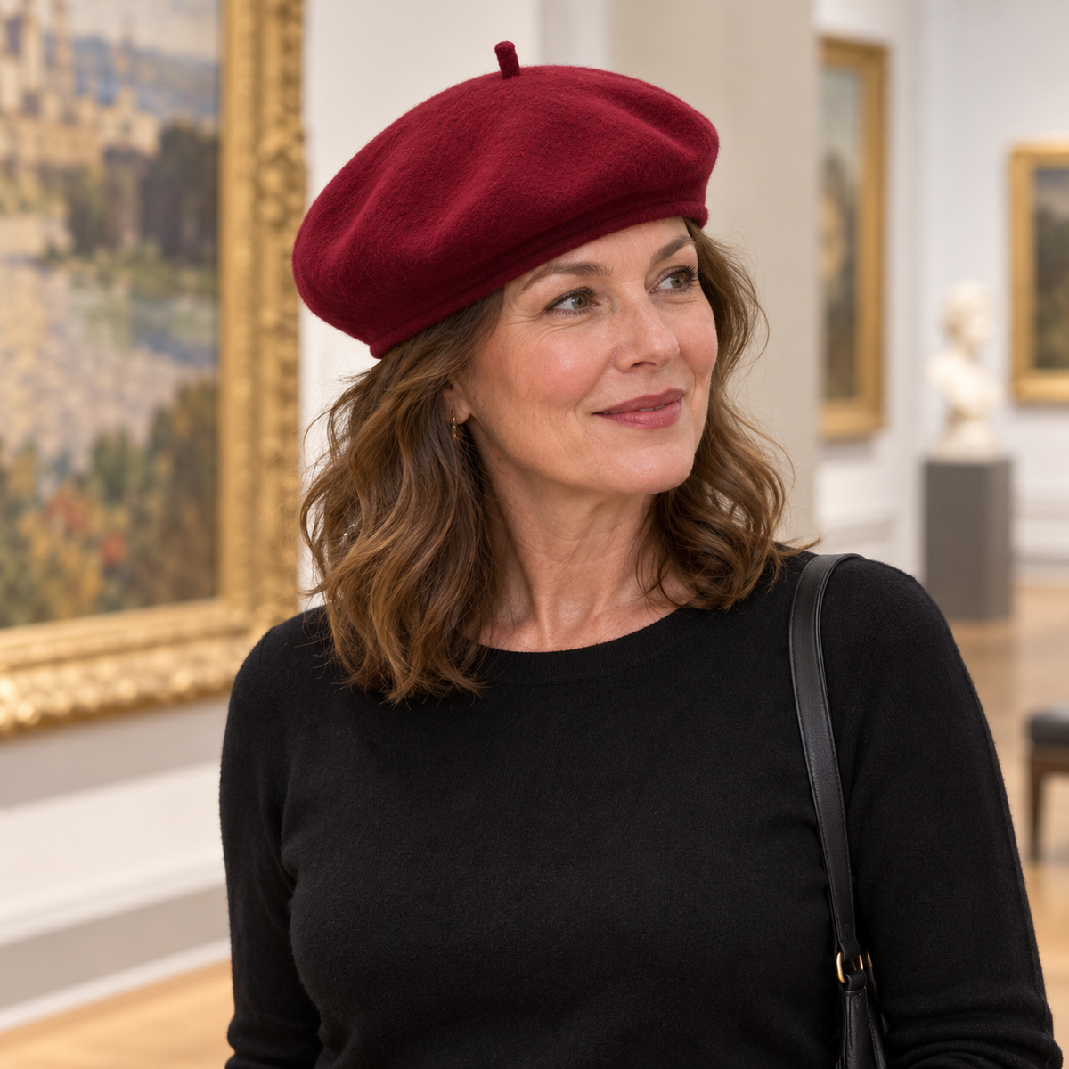 Burgundy beret worn with dark top during gallery visit