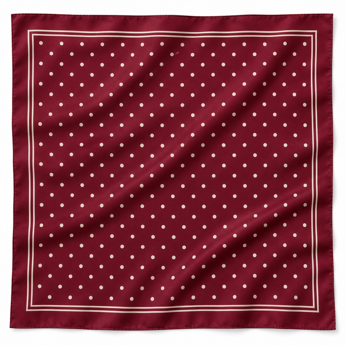 Burgundy and ivory polka-dot square scarf with double-line border on white background