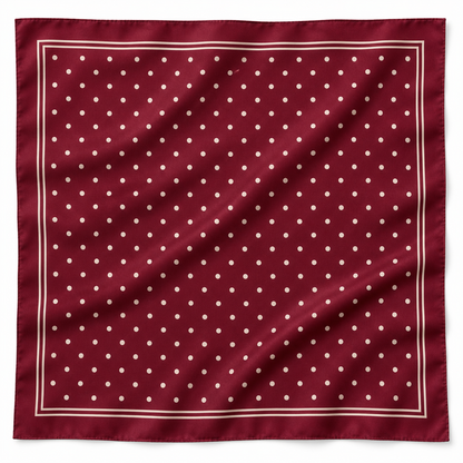 Burgundy and ivory polka-dot square scarf with double-line border on white background