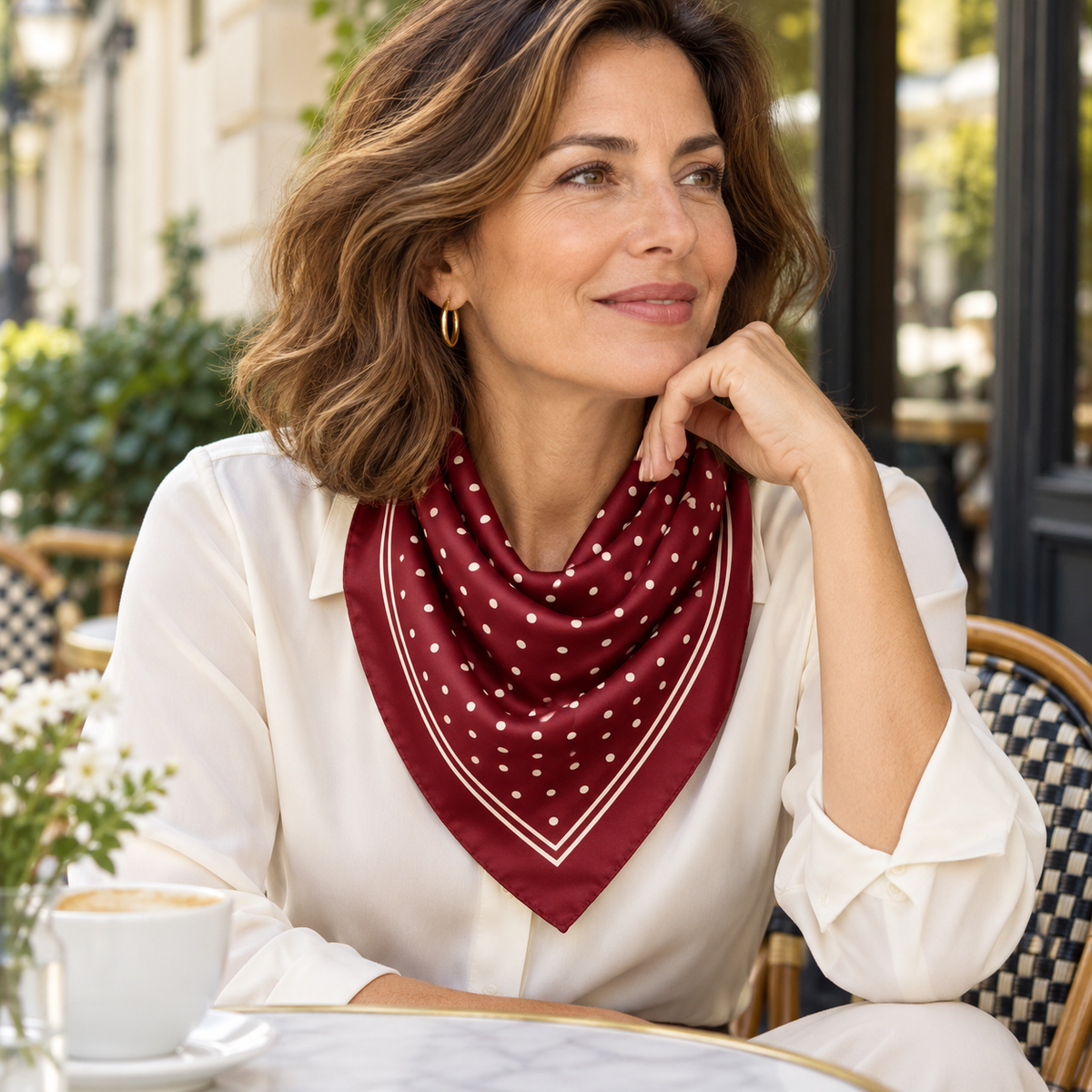 Burgundy polka-dot square scarf in triangle fold with cream blouse at a cafe