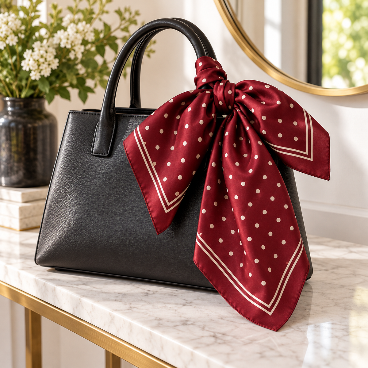 Burgundy polka-dot scarf tied decoratively to a plain black handbag