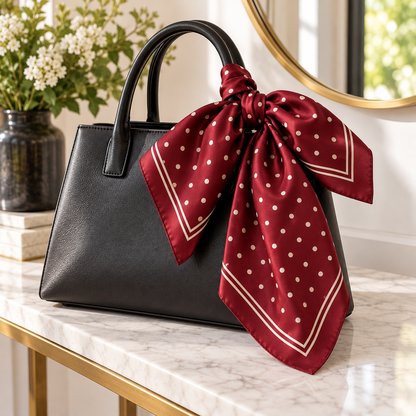Burgundy polka-dot scarf tied decoratively to a plain black handbag