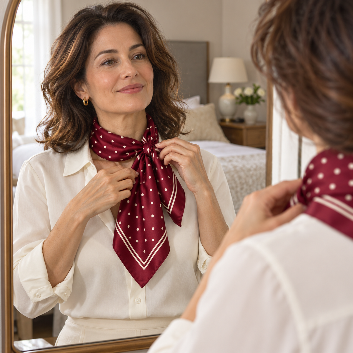 Woman adjusting burgundy polka-dot square scarf at a home mirror