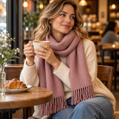 Rose scarf worn at café
