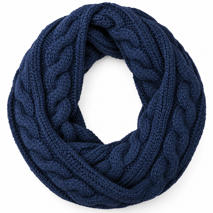 Navy cable knit infinity scarf on white background