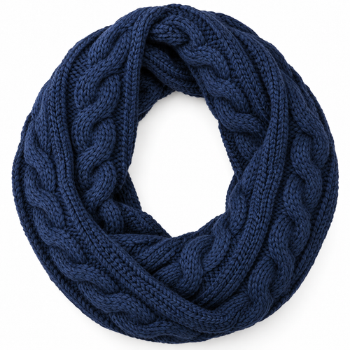 Navy cable knit infinity scarf on white background