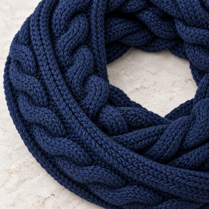 Close-up of navy cable knit scarf texture