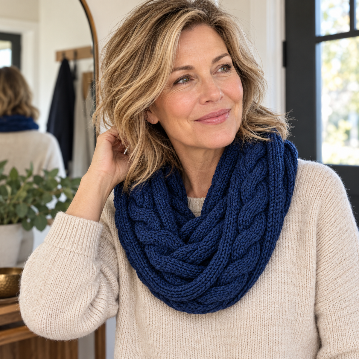 Navy infinity scarf styled over oatmeal sweater at home