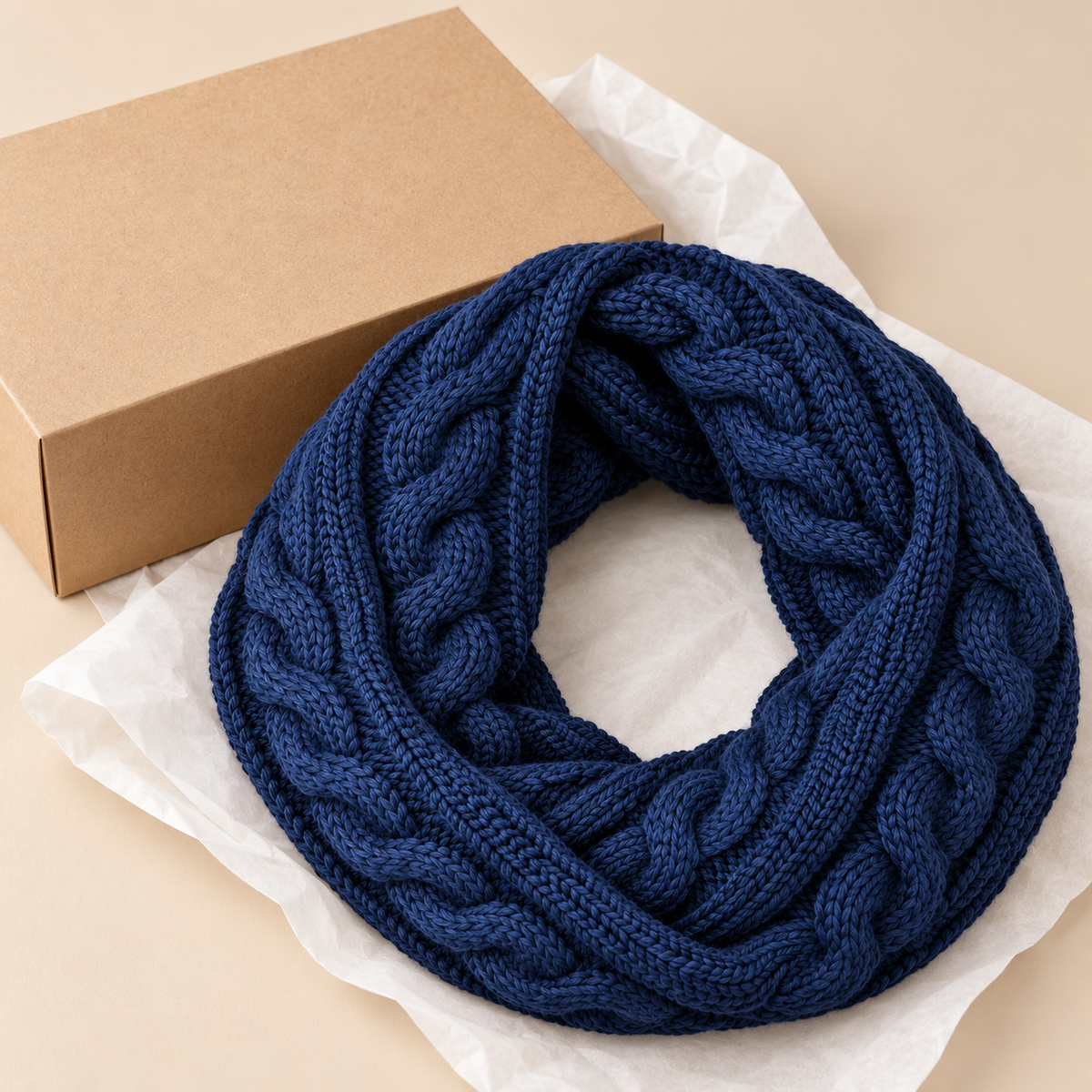 Navy cable knit scarf beside unbranded kraft packaging