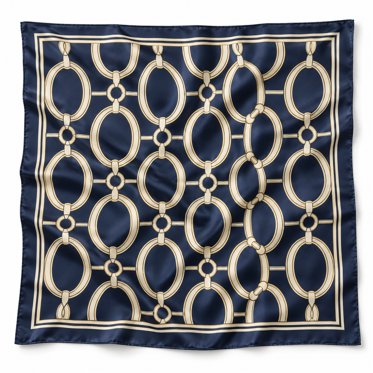 Navy cream and gold chain-print square scarf on white background