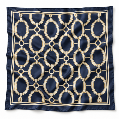 Navy cream and gold chain-print square scarf on white background