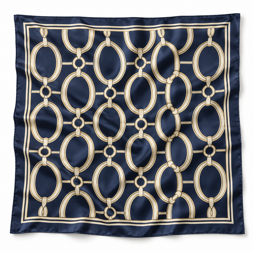 Navy cream and gold chain-print square scarf on white background