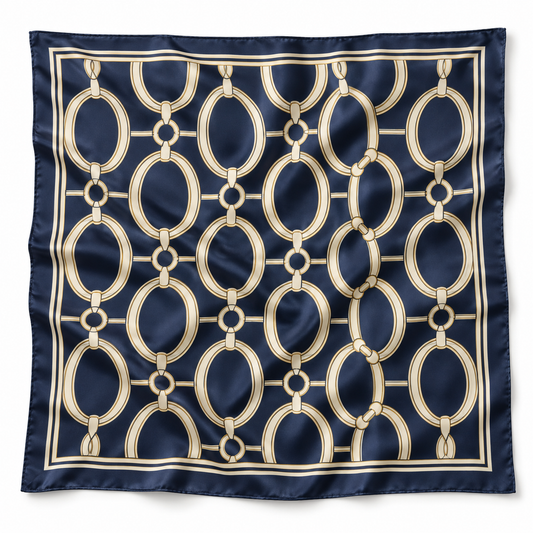 Navy cream and gold chain-print square scarf on white background