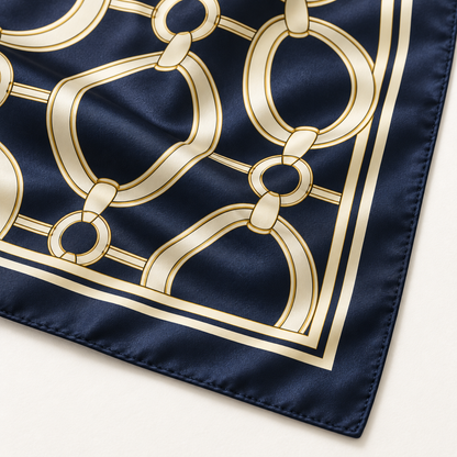 Close-up of printed chain motif and stitched flat hem