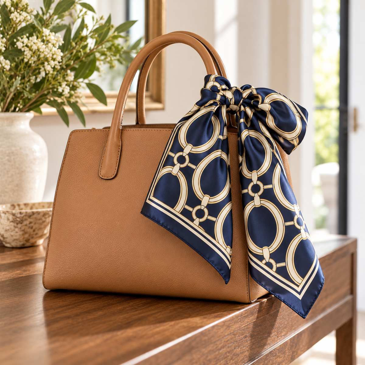 Navy chain-print scarf tied decoratively on a plain tan handbag