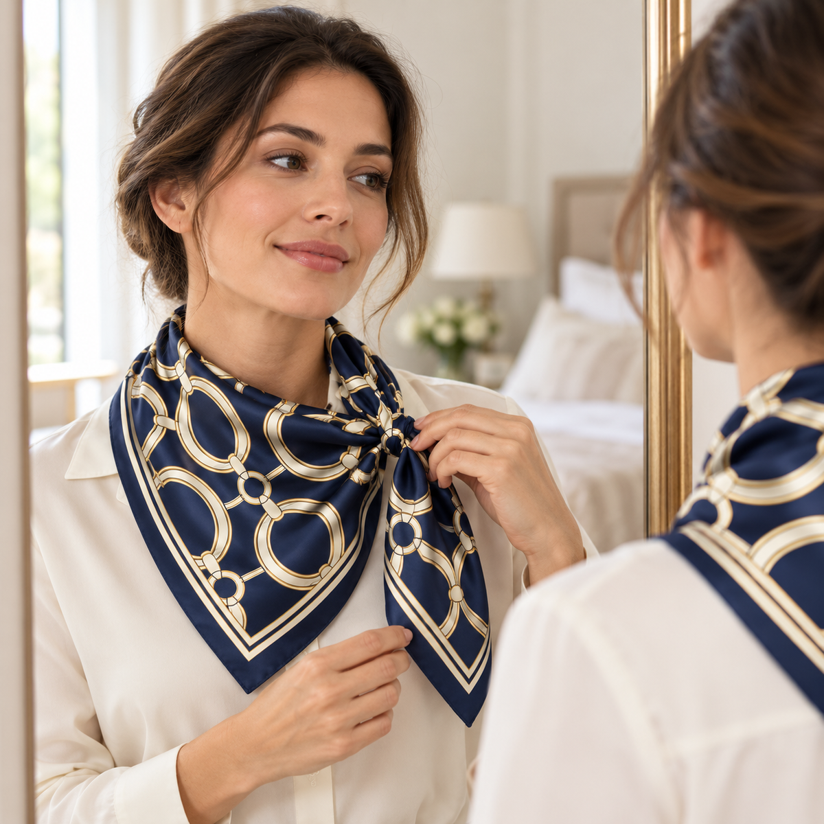 Woman arranging navy chain-print scarf at a home mirror