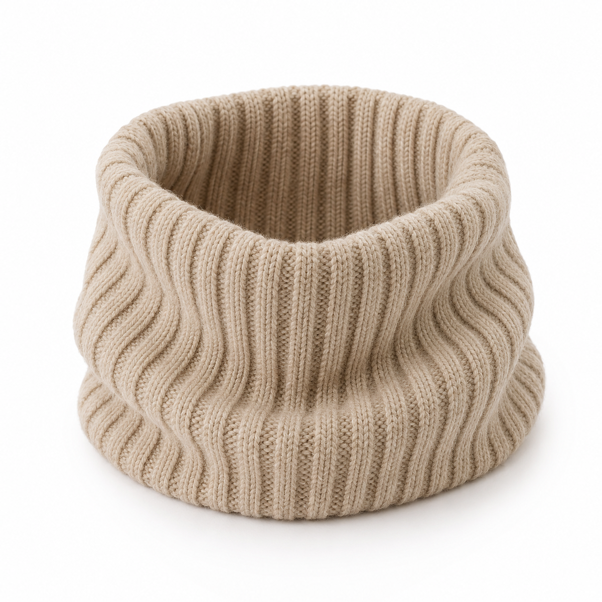AI concept: oatmeal rib-knit tubular cowl scarf on white background