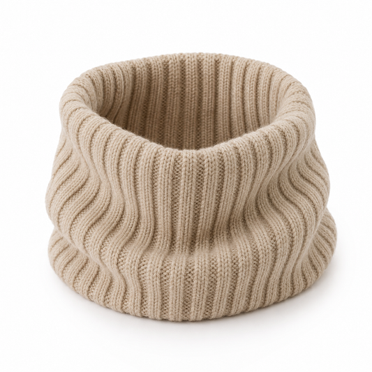 AI concept: oatmeal rib-knit tubular cowl scarf on white background