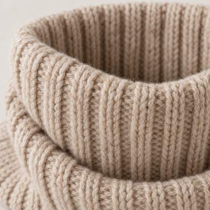 AI concept: close-up of oatmeal cowl rib knitting and finished edge