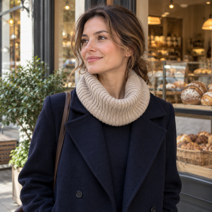 AI concept: oatmeal cowl styled with navy coat outside bakery