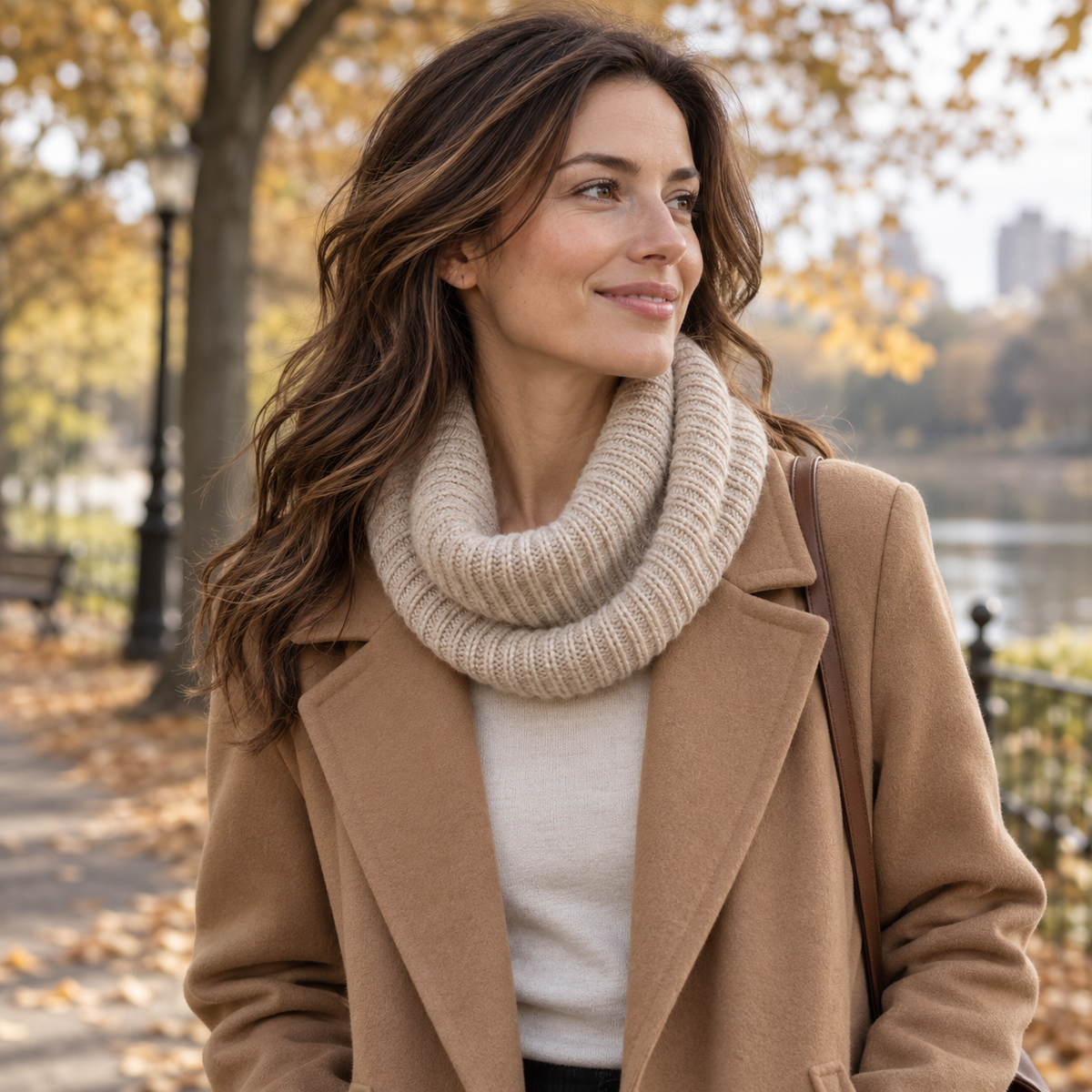 AI concept: oatmeal rib-knit cowl styled with camel coat in autumn park