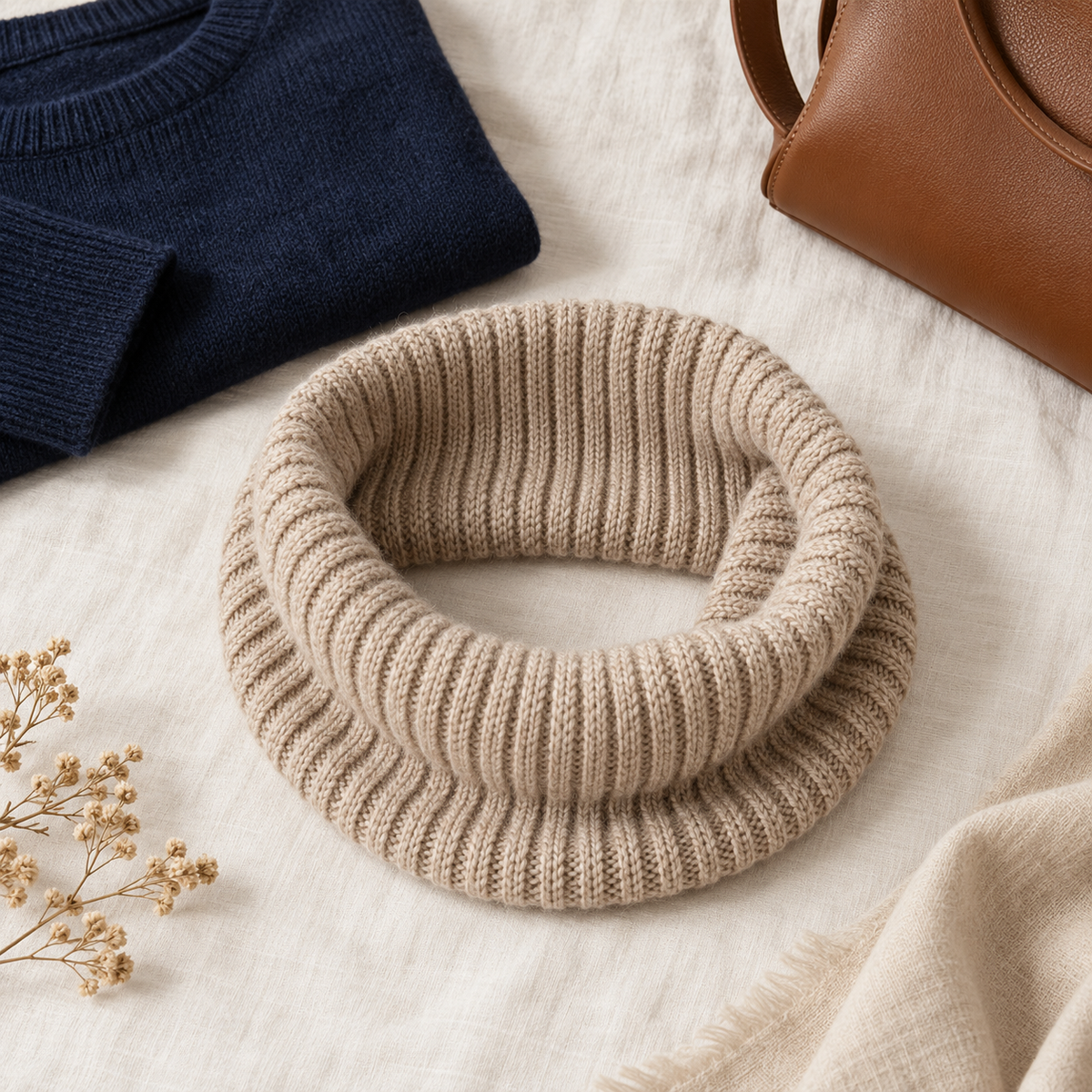 AI concept: oatmeal rib-knit cowl flat lay beside navy sweater and brown handbag