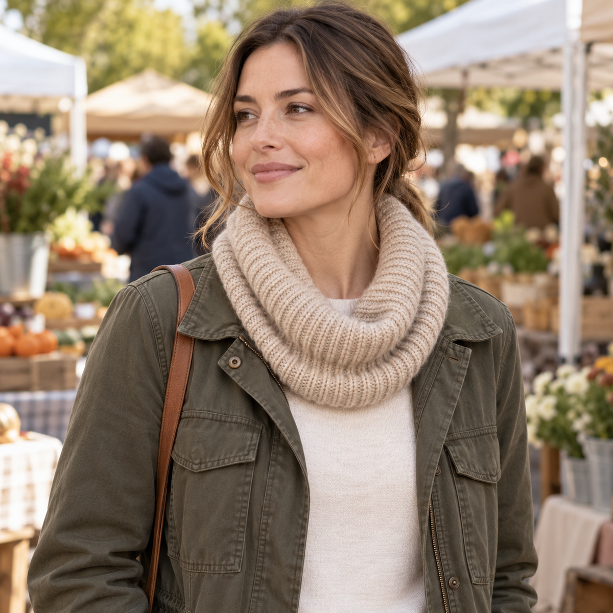 AI concept: oatmeal cowl worn with olive jacket at outdoor market