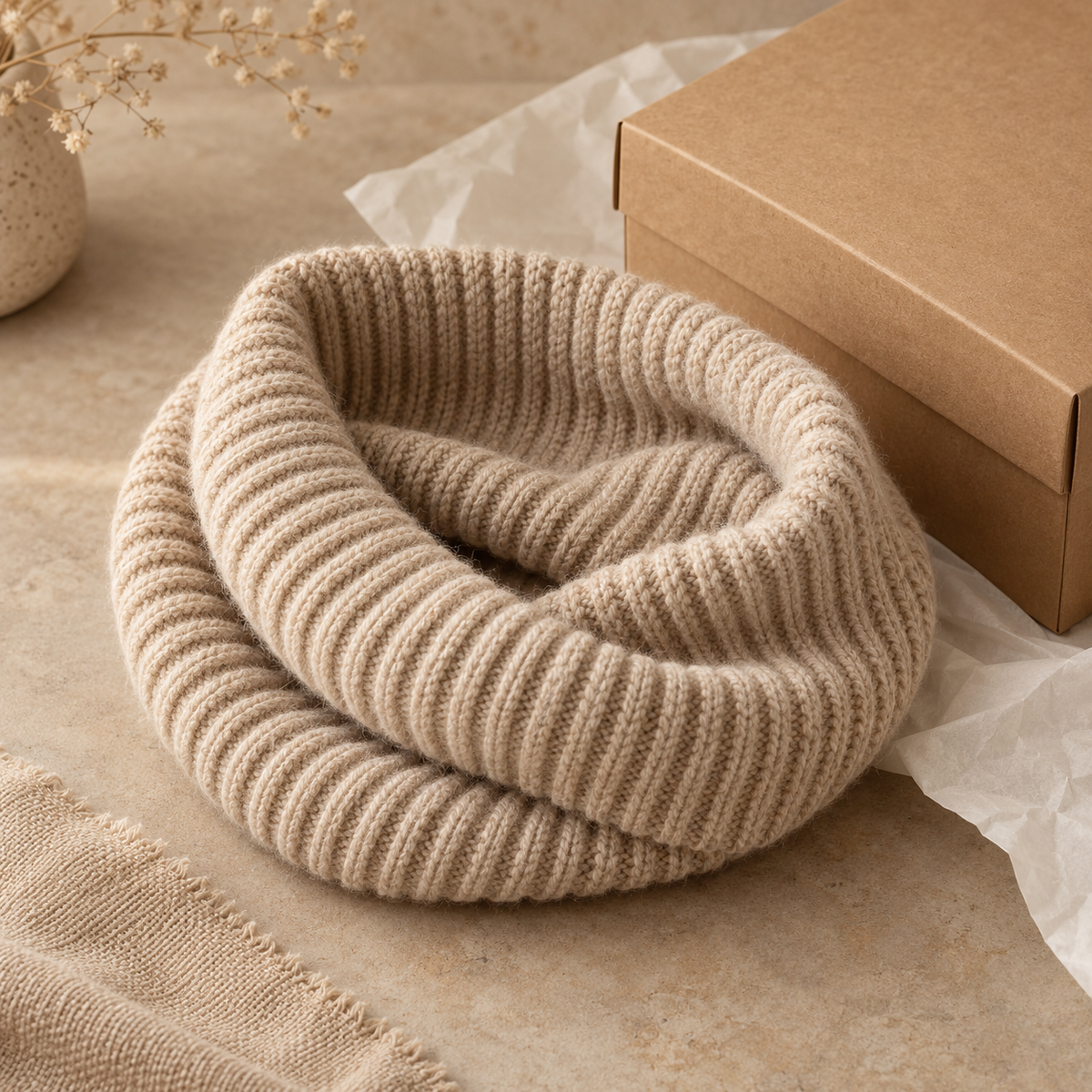 AI concept: oatmeal rib-knit cowl beside gift box and tissue, props excluded