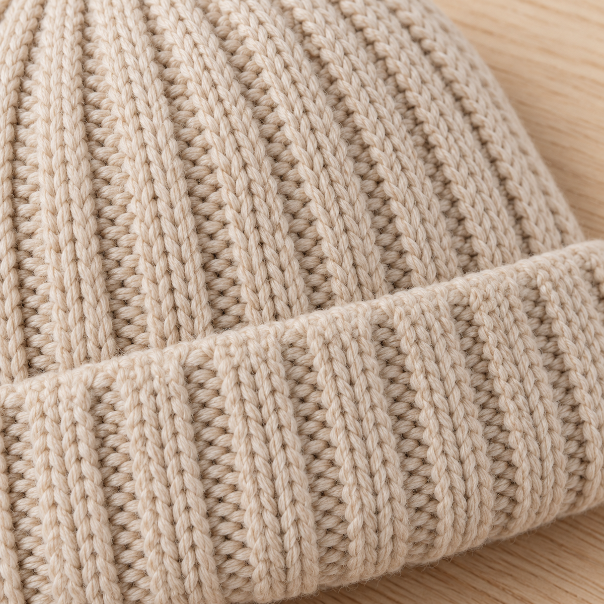 Close-up of oatmeal beanie rib knitting and folded cuff