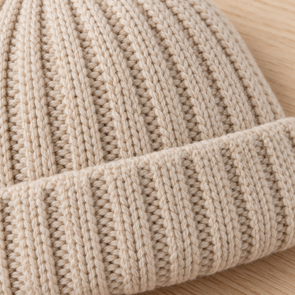 Close-up of oatmeal beanie rib knitting and folded cuff
