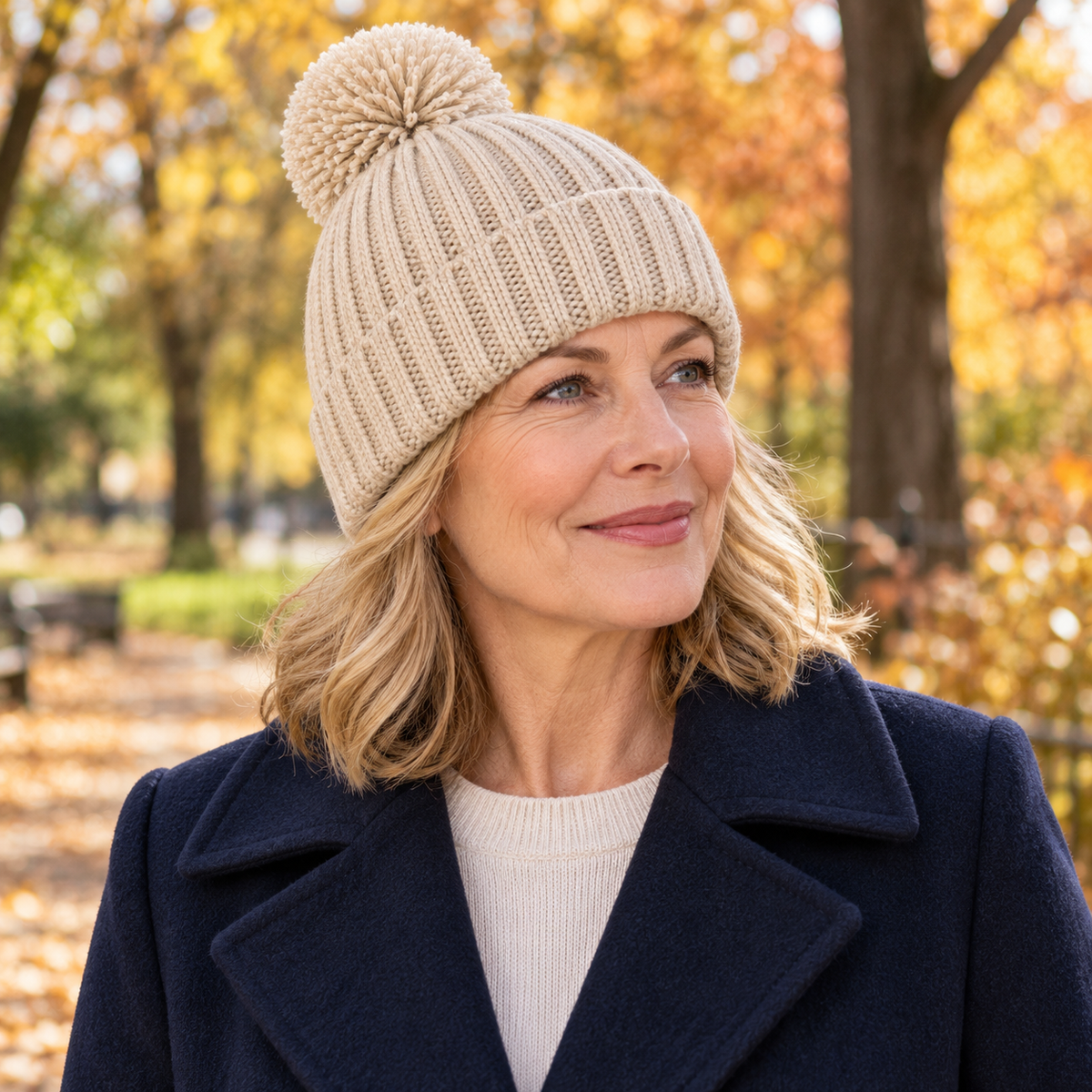 Oatmeal pom beanie worn with navy coat on park walk