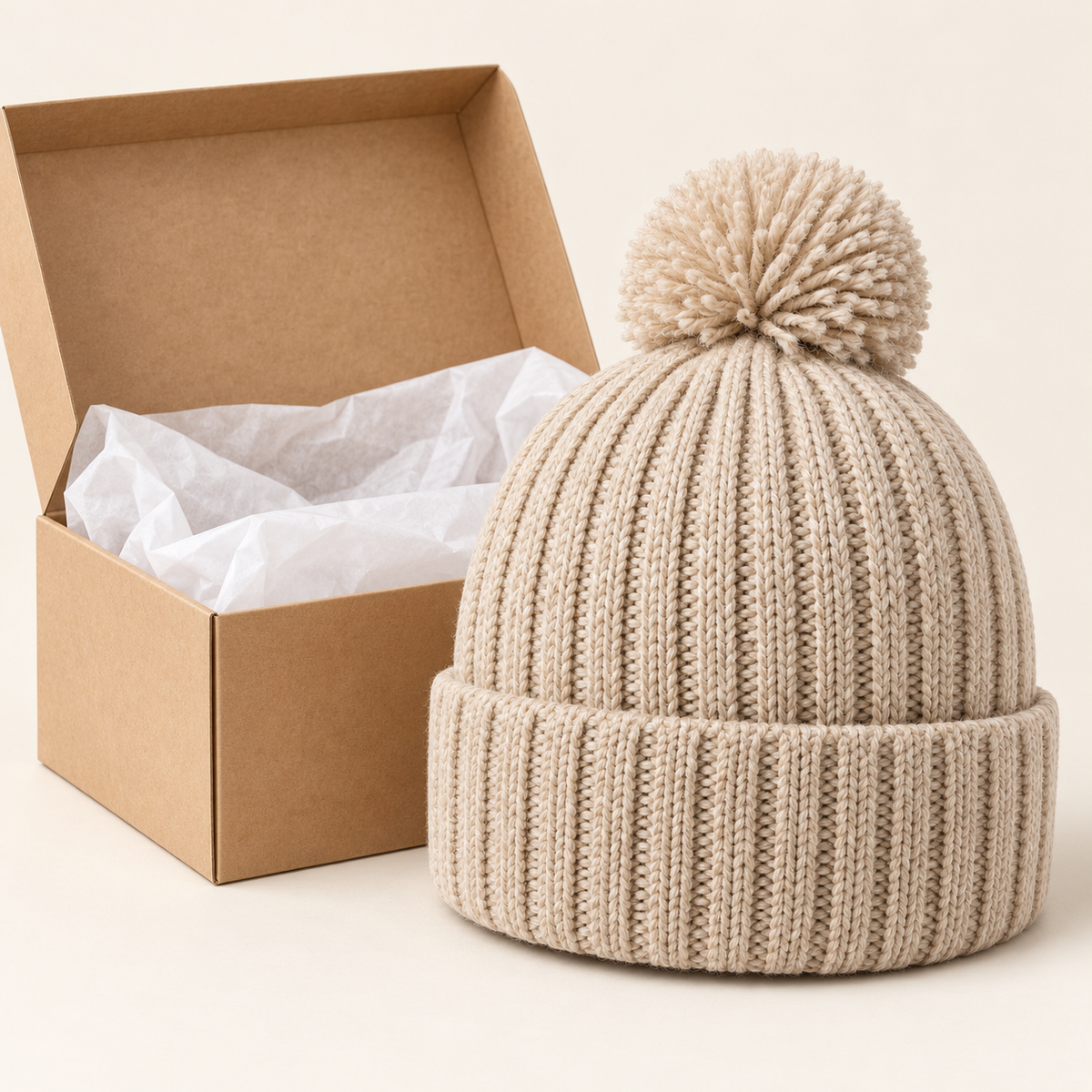 Oatmeal rib-knit pom beanie beside plain kraft box and tissue packaging